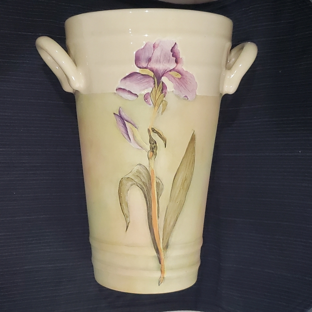 Pacific Rim Vintage Hand Painted Iris Pottery Vase with Handles Yellow, Purple